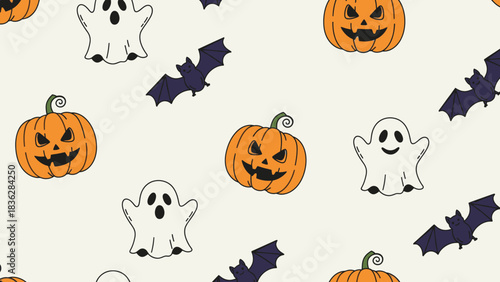 A repeating pattern featuring pumpkins, ghosts, and bats, creating a festive Halloween design.
