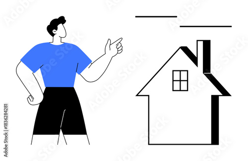 Real estate, homeownership, housing market, financial investment, property management, rental options. Person pointing towards a house icon in a minimal design. Real estate and homeownership concept