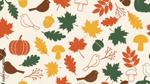 A repeating pattern of autumn elements, including leaves, birds, and pumpkins.
