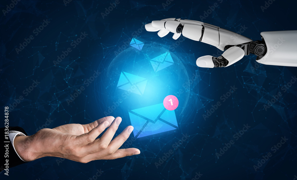 Naklejka premium A human hand reaches toward a robotic arm in a striking display of technology and communication, symbolizing the future of digital interaction and connectivity. Gantry