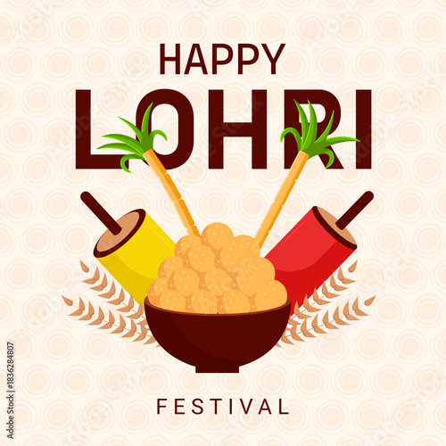 Happy Lohri social media post design with Bonfire, sweets, dhol and peanuts vector illustration.