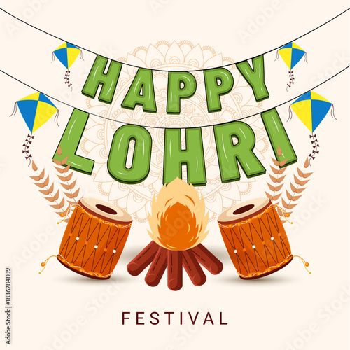 Happy Lohri social media post design with Bonfire, sweets, dhol and peanuts vector illustration.
