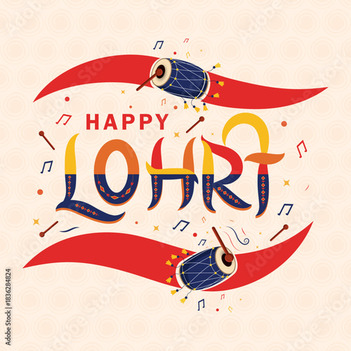 Happy Lohri social media post design with creative typography text and dhol vector illustration.