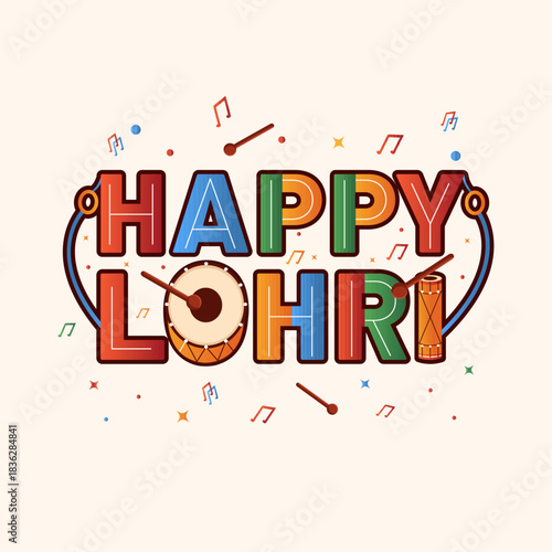 Happy Lohri social media post design with creative typography text and dhol vector illustration.