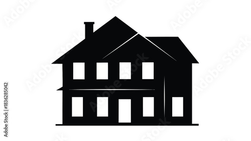 Simple black silhouette of a two story house with chimney