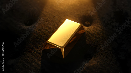 Shining Gold Bar: A solitary gold bar glistens under dramatic lighting, its rich, golden hue contrasting against the dark, textured backdrop, hinting at wealth and value.