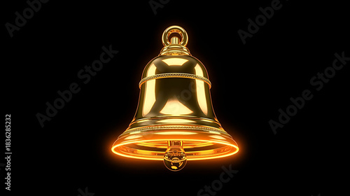 Golden Bell with Radiant Glow: An elegant golden bell, gleaming with intricate details, hangs gracefully against a dark background, its interior emitting a warm, inviting glow. 