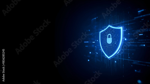 Cyber Shield: A glowing digital shield, emblazoned with a secure padlock, epitomizes robust digital security and data protection, safeguarding valuable information within the digital realm.