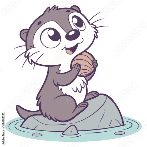 Happy cartoon river otter sitting on a rock holding a shell isolated transparent background cut-out PNG file