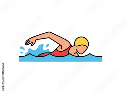 Vector illustration of a person swimming freestyle in blue water with splashes red swimsuit and yellow swim cap isolated on a light background flat design