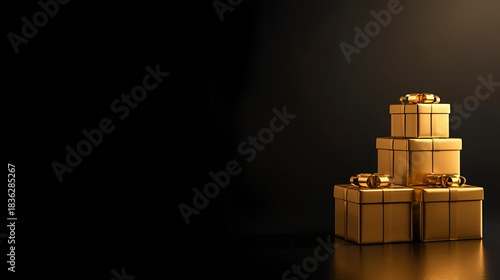 Golden Gift Tower: A luxurious arrangement of shimmering gold gift boxes, artfully stacked, exuding an aura of anticipation and elegance against a dark backdrop.