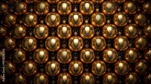 Golden Spheres: An artistic array of meticulously arranged golden spheres, their surfaces reflecting the surrounding light in a mesmerizing display of brilliance.