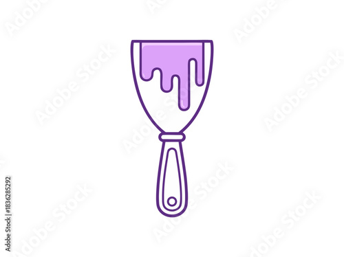 Vector illustration of a putty knife with purple paint dripping down the blade against a black background isolated graphic design element