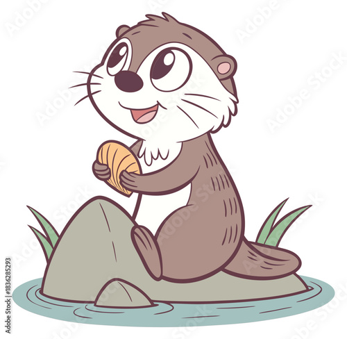 Adorable smiling cartoon otter sitting on a rock holding a seashell isolated transparent background cut-out PNG file