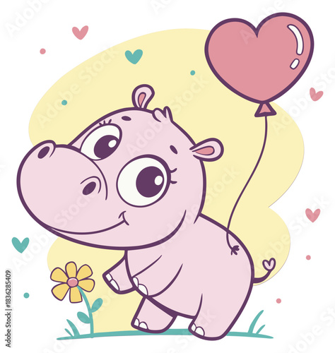 Adorable baby pink hippo holding a heart balloon standing by a small yellow flower.Isolated transparent background ( include cut-out PNG file )