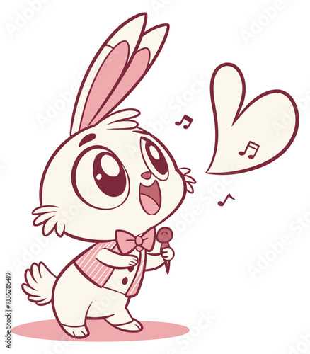 White cartoon bunny singing into a microphone wearing a vest and bow tie with music notes.Isolated transparent background ( include cut-out PNG file )
