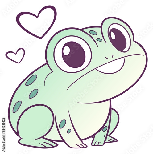 Pale green cartoon frog smiling sweetly with purple heart outlines floating above.Isolated transparent background ( include cut-out PNG file )