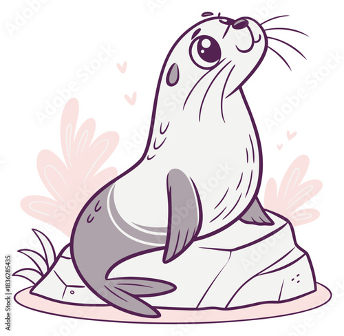 Smiling cartoon sea lion perched on a rock with pink plants and tiny hearts.Isolated transparent background ( include cut-out PNG file )
