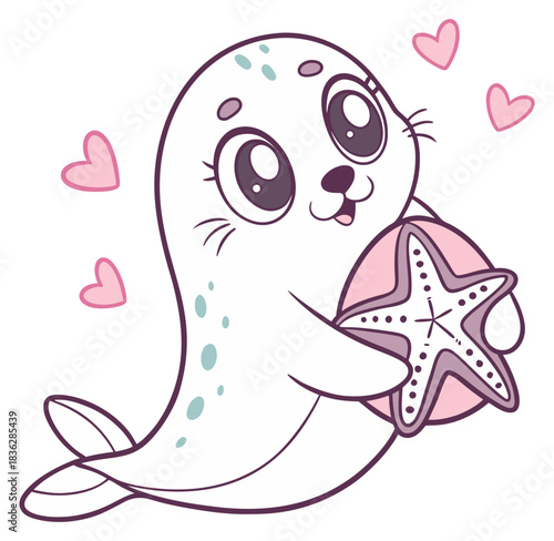 Adorable smiling baby seal holding a starfish with pink hearts floating nearby.Isolated transparent background ( include cut-out PNG file ).