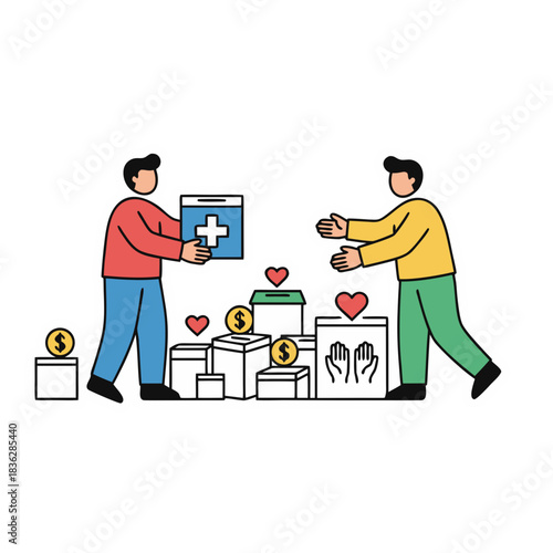 Two People Exchanging Donation Boxes and Money Symbolizing Generosity and Charity in a Minimalist Flat Vector Art Style with Clean Sticker Aesthetic Featuring Hearts and Coins