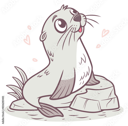 Cute cartoon baby seal pup resting on a rock looking up with hearts