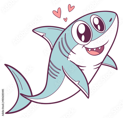 Delightful cartoon shark swimming with big eyes a happy toothy smile and hearts.Isolated transparent background ( include cut-out PNG file ).