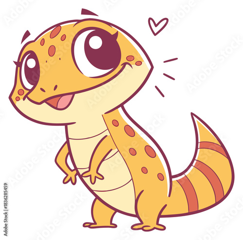 Cheeky yellow gecko cartoon smiling with heart accents on a white background.Isolated transparent background ( include cut-out PNG file )