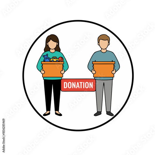 Two People Holding Donation Boxes With Donation Sign Between Them Minimalist Flat Vector Art White Background