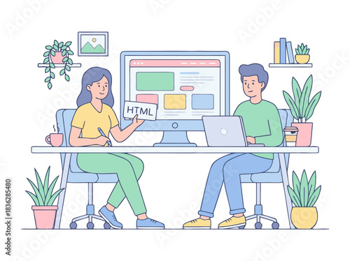 Two People Collaborate on Web Design Project at Desk with Computer Plants and Laptop Displaying UI Elements