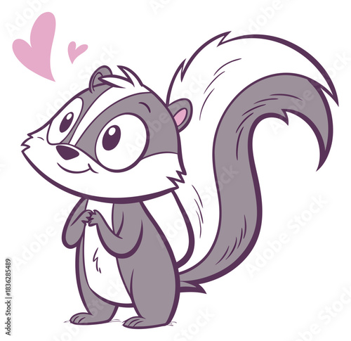 Adorable cartoon skunk with big eyes smiling fluffy tail and pink hearts.Isolated transparent background ( include cut-out PNG file )