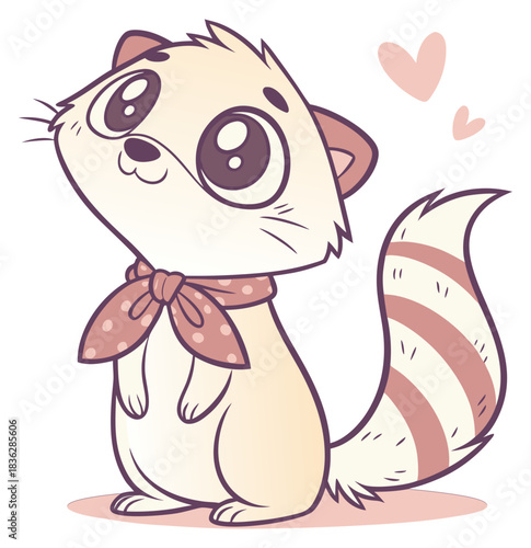 Sweet light tan cartoon weasel looking up with big eyes and polka dot scarf. Isolated transparent background ( include cut-out PNG file ).