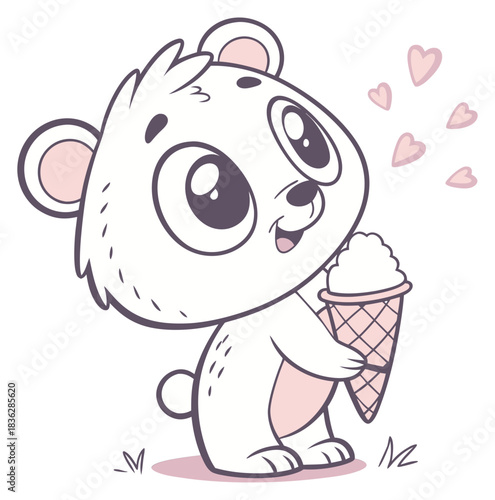 Baby polar bear cub holding an ice cream cone with hearts.Isolated transparent background ( include cut-out PNG file )