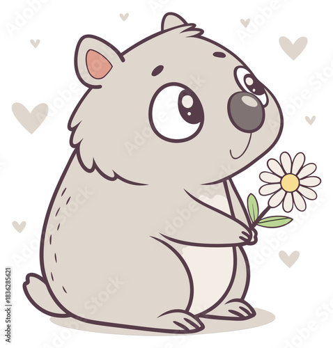 Adorable cartoon wombat holding a daisy flower surrounded by little hearts.Isolated transparent background ( include cut-out PNG file )