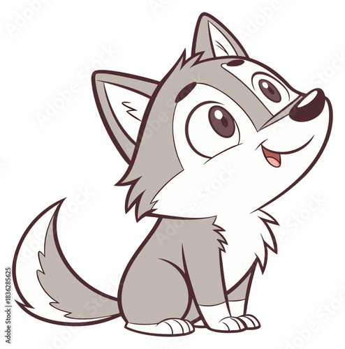 Sweet smiling gray cartoon wolf pup looking up with large innocent eyes. Isolated transparent background ( include cut-out PNG file ).