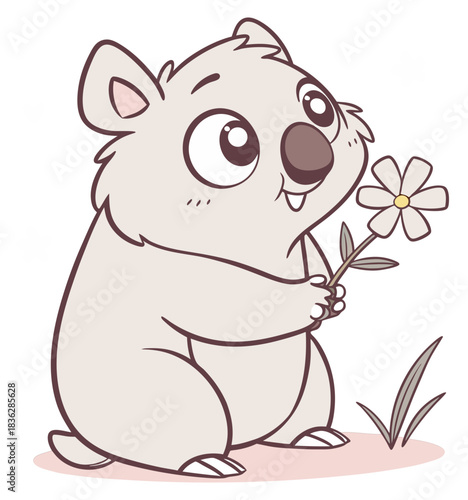 Adorable cartoon baby wombat sitting holding a small daisy flower gently.Isolated transparent background ( include cut-out PNG file )