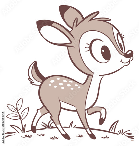 Sweet cartoon baby fawn with white spots walking on grass with big eyes.Isolated transparent background ( include cut-out PNG file )