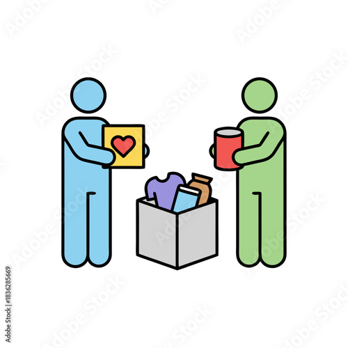 Two Stick Figures Giving Donations To A Donation Box Filled With Clothes And A Can Of Food A Donation Drive Is Happening