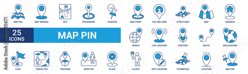 Map pin icon set. Containing location, map marker, address, position, tracking, geolocation, place and more. Blue vector icons collection.