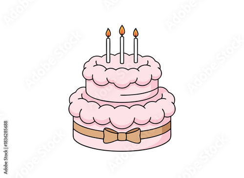 Two Tier Pink Birthday Cake With Three Lit Candles and a Brown Bow Decoration on a Black Background