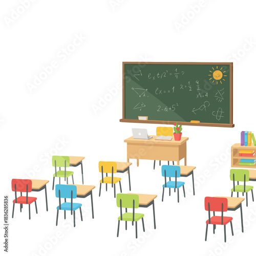 Vector cartoon classroom setup with round tables group seating green board colorful walls and a teacher desk with laptop and books bathed in bright sunlight ideal for educational themes