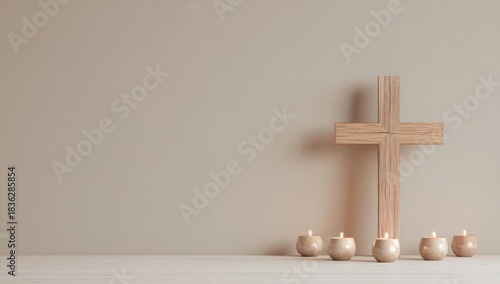 wooden cross and white candles copy space