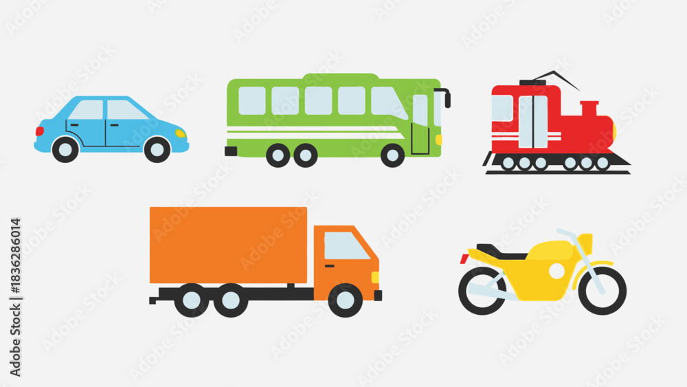 Naklejka premium Cartoon flat vector transportation set, vehicle illustration, car bus train truck motorcycle