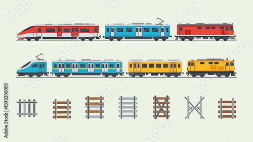 Colorful vector illustration of multiple trains and railways ideal for rail transport