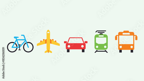 Diverse transportation methods illustrated in a colorful vector graphic icon set