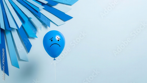 A single blue balloon with a sad face drawn on it floats alone against a white background with blue paper strips fanned out above