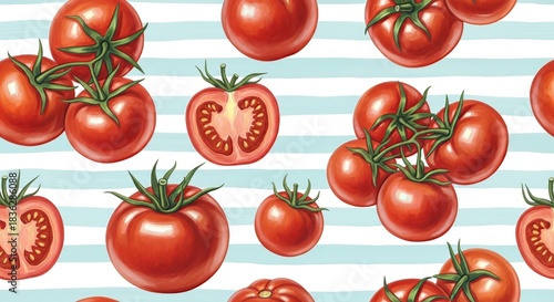 Fresh red tomatoes with green stems on a blue and white striped background in a seamless pattern