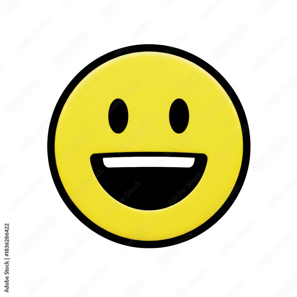 Fototapeta premium Stylized lemon yellow smiley emoji icon with thick black outline and glossy finish, isolated on white background with copy space. Concept of positive engagement