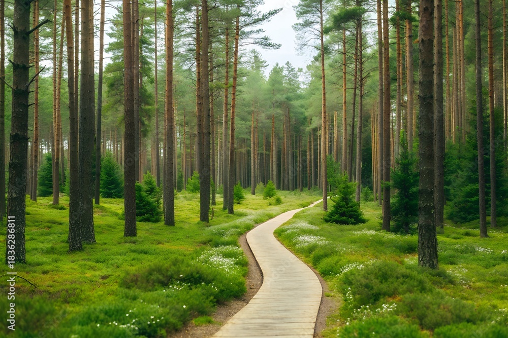 Fototapeta premium Forest road surrounded by trees and greenery