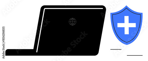 Cybersecurity, data protection, online security, technology safety, internet privacy, digital shield. A laptop with a shield symbol. Cybersecurity and data protection concept