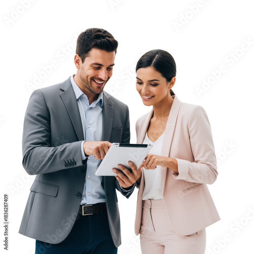 Professional Man and Woman Reviewing Tablet Together Against White Background — Grey Suit, Blush Blazer, Pointing Gesture, Shared Focus — Exuding Trust, Innovation, and Digital Collaboration Perfect 